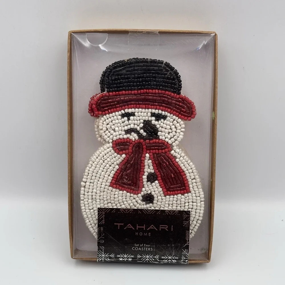 TAHARI Beaded Coasters Set Of 4 Snowman White Red Black‎ 6 Inches NIP